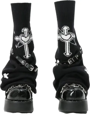 Women's Gothic Punk Y2K Cross Style Knit Long Leg Warmers Loose High Socks with PU Leather Straps
