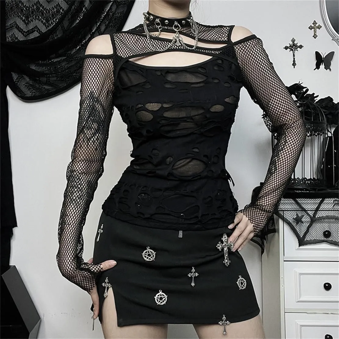 Women's Gothic T-Shirt Goth Crop Top Y2k Streetwear Long Sleeve Tops Rave Shirts