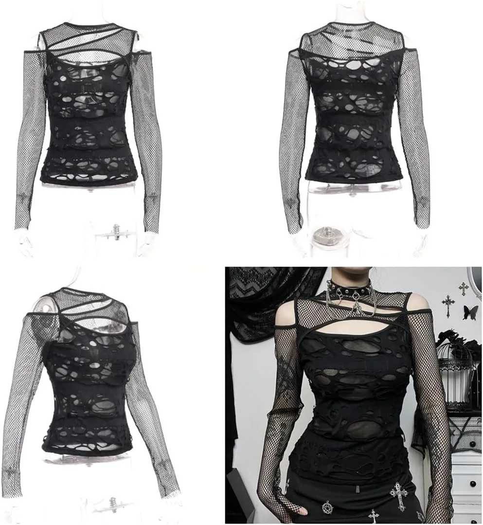 Women's Gothic T-Shirt Goth Crop Top Y2k Streetwear Long Sleeve Tops Rave Shirts