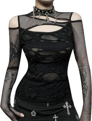 Women's Gothic T-Shirt Goth Crop Top Y2k Streetwear Long Sleeve Tops Rave Shirts