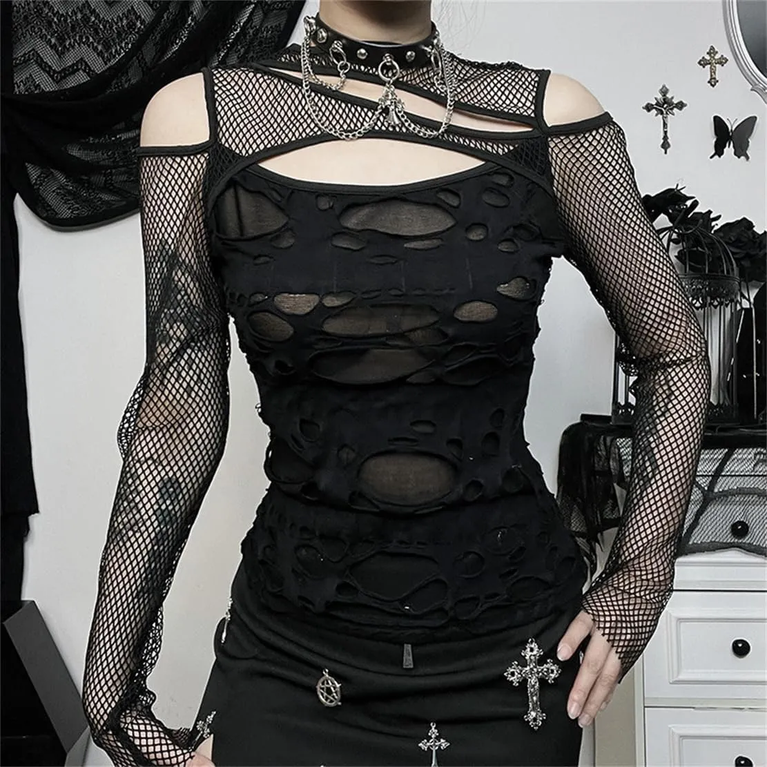 Women's Gothic T-Shirt Goth Crop Top Y2k Streetwear Long Sleeve Tops Rave Shirts