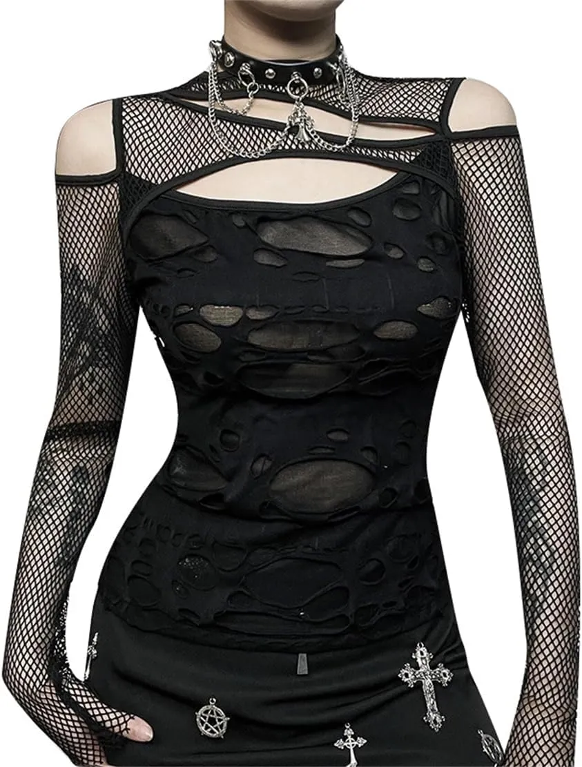 Women's Gothic T-Shirt Goth Crop Top Y2k Streetwear Long Sleeve Tops Rave Shirts