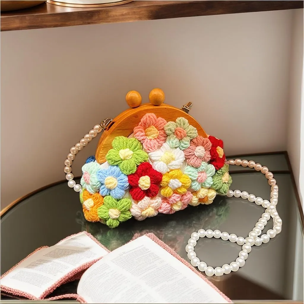 Women's Knit Bag with Pearl Strap, Boho Crochet Flower Design, Durable Canvas Crossbody Purse for Casual & Stylish Look