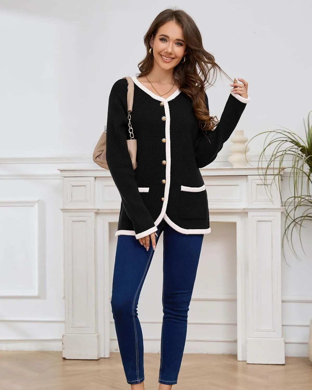 Women’s Knit Cardigan Sweaters Casual Long Sleeve Open Front Button Down Coat Trendy Winter Outerwear with Pockets,Loose Fit