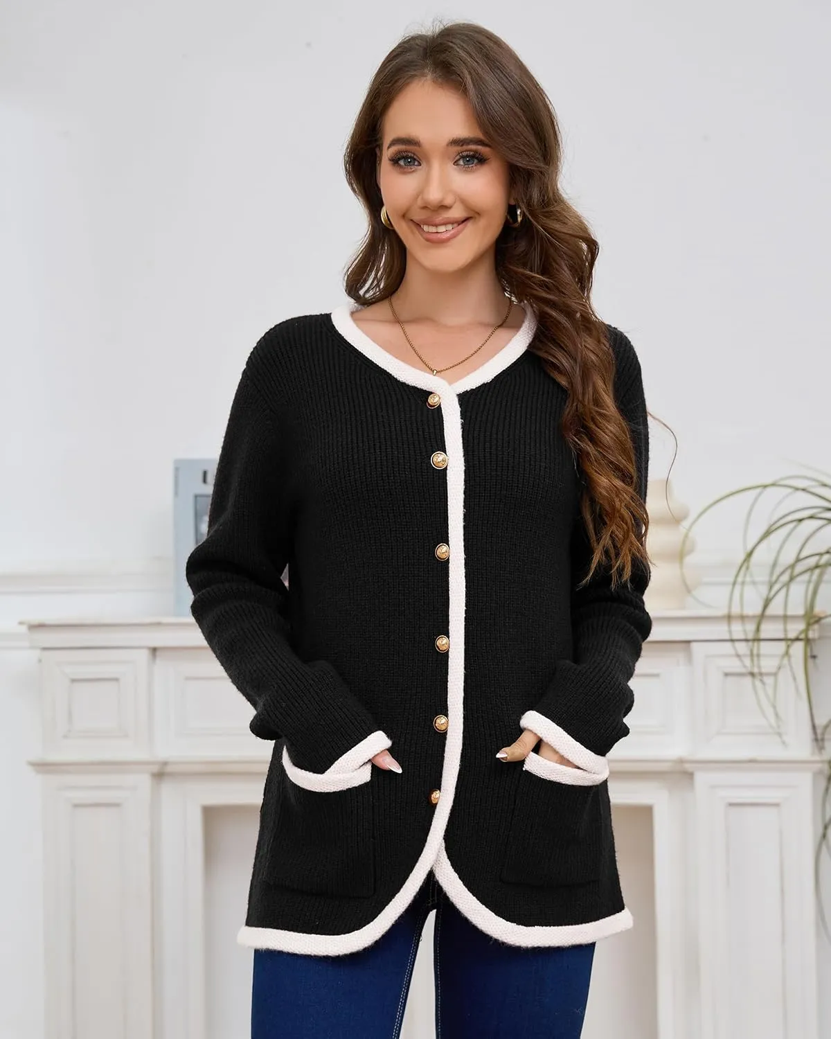 Women’s Knit Cardigan Sweaters Casual Long Sleeve Open Front Button Down Coat Trendy Winter Outerwear with Pockets,Loose Fit