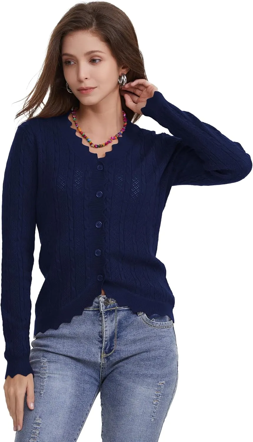 Women's Lace V Neck Hollow-Out Crochet Button Down Knit Slim Cropped Cardigan
