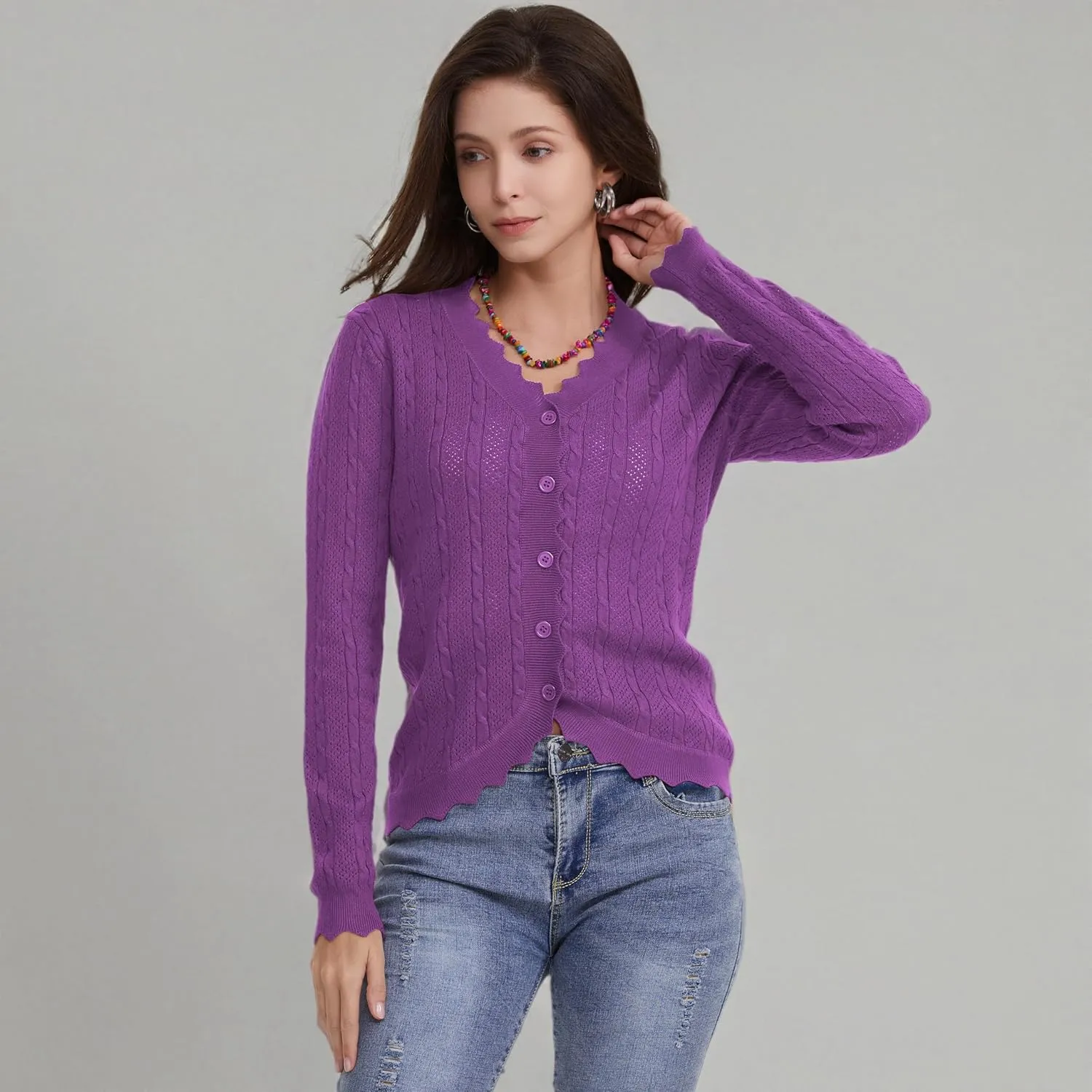 Women's Lace V Neck Hollow-Out Crochet Button Down Knit Slim Cropped Cardigan