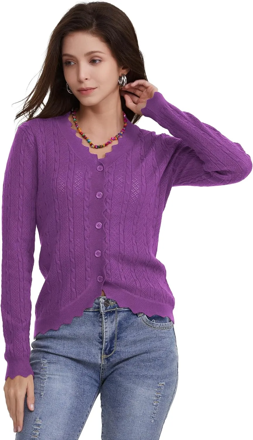 Women's Lace V Neck Hollow-Out Crochet Button Down Knit Slim Cropped Cardigan