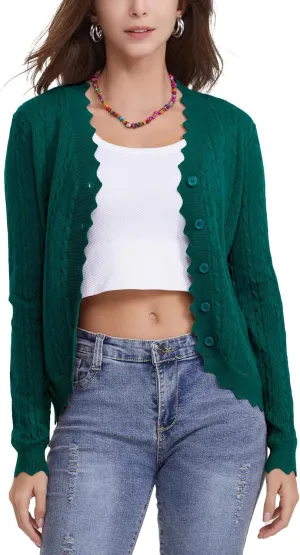 Women's Lace V Neck Hollow-Out Crochet Button Down Knit Slim Cropped Cardigan