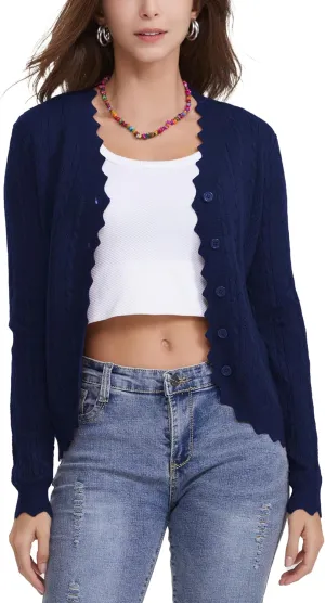 Women's Lace V Neck Hollow-Out Crochet Button Down Knit Slim Cropped Cardigan