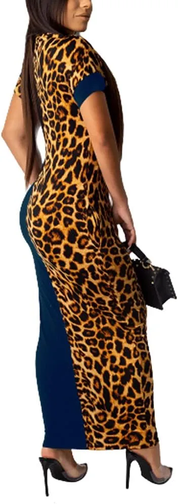 Womens Leopard Print Long Dresses - Short Sleeve Bodycon Club Midi Dress with Pockets
