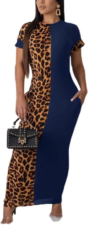 Womens Leopard Print Long Dresses - Short Sleeve Bodycon Club Midi Dress with Pockets