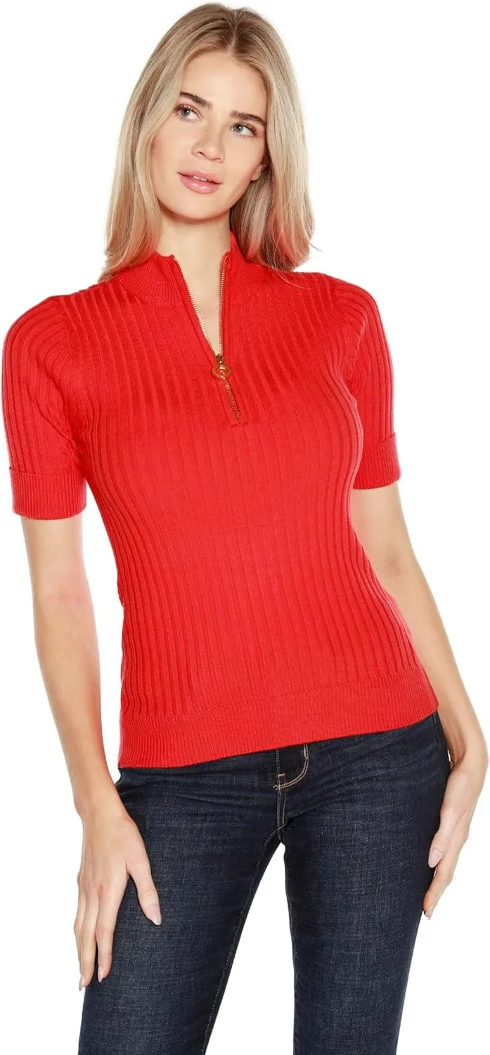 Womens Lightweight Knit Short Sleeve Half Zip Dressy Tops for Women