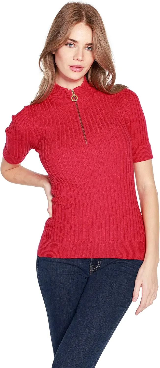 Womens Lightweight Knit Short Sleeve Half Zip Dressy Tops for Women
