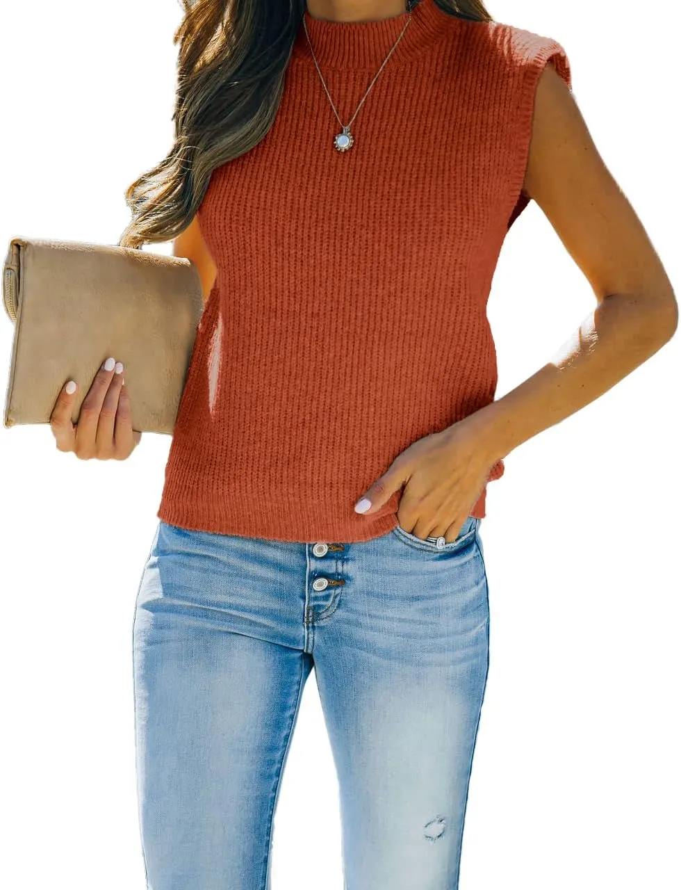 Women's Mock Neck Knit Sweater Vest Sleeveless Casual Trendy Summer Ribbed Pullover Tank Tops