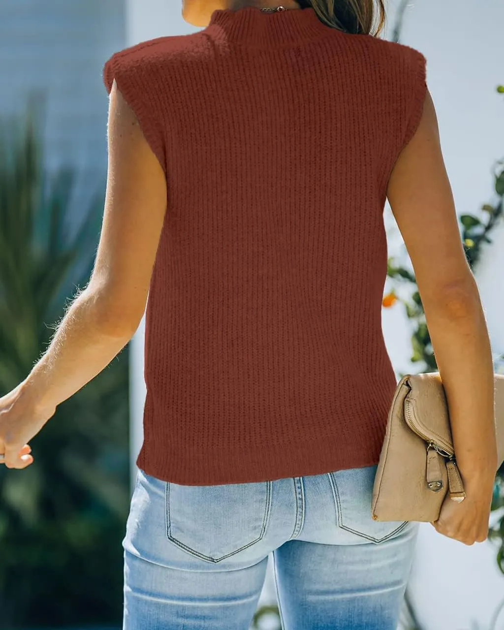 Women's Mock Neck Knit Sweater Vest Sleeveless Casual Trendy Summer Ribbed Pullover Tank Tops