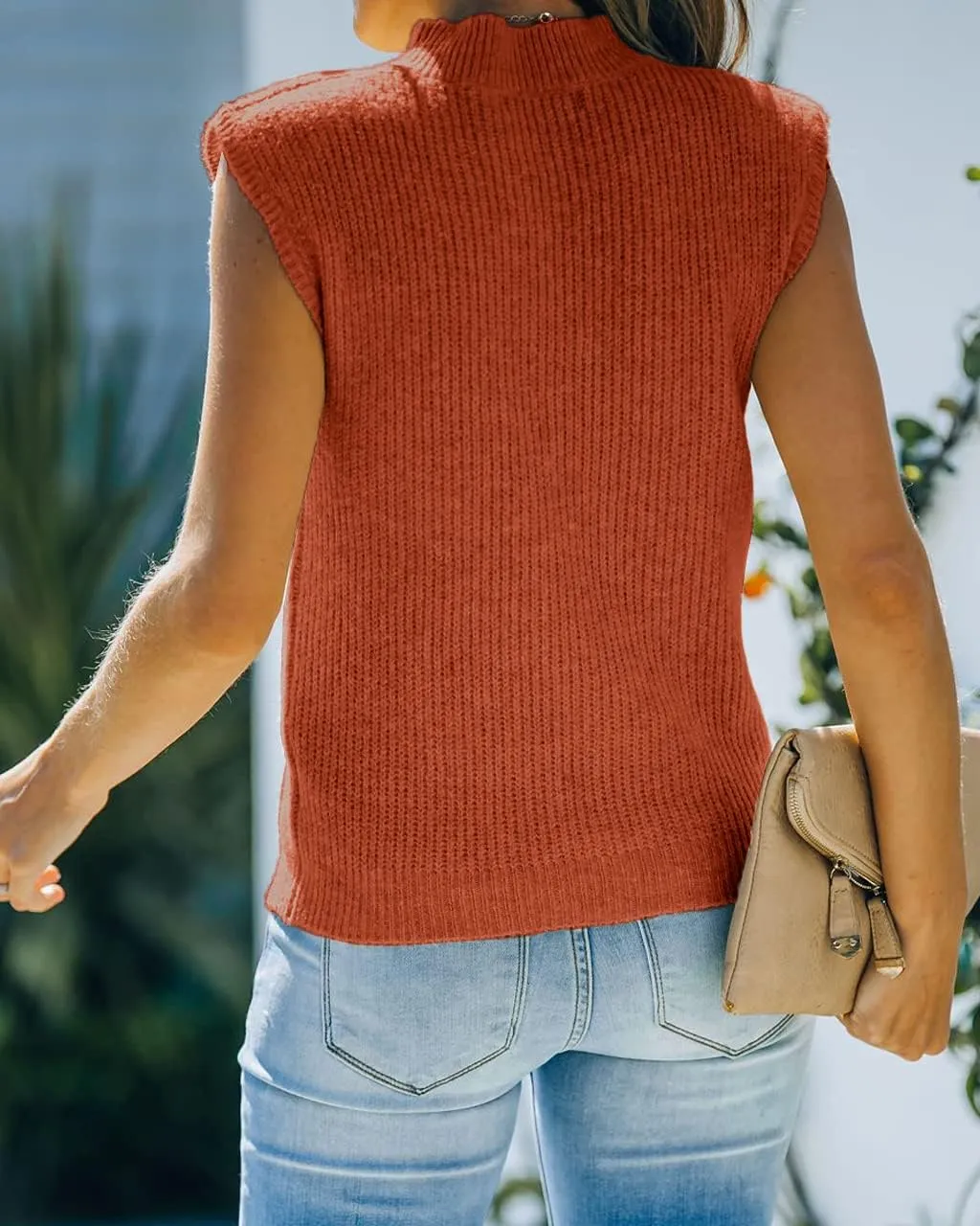 Women's Mock Neck Knit Sweater Vest Sleeveless Casual Trendy Summer Ribbed Pullover Tank Tops