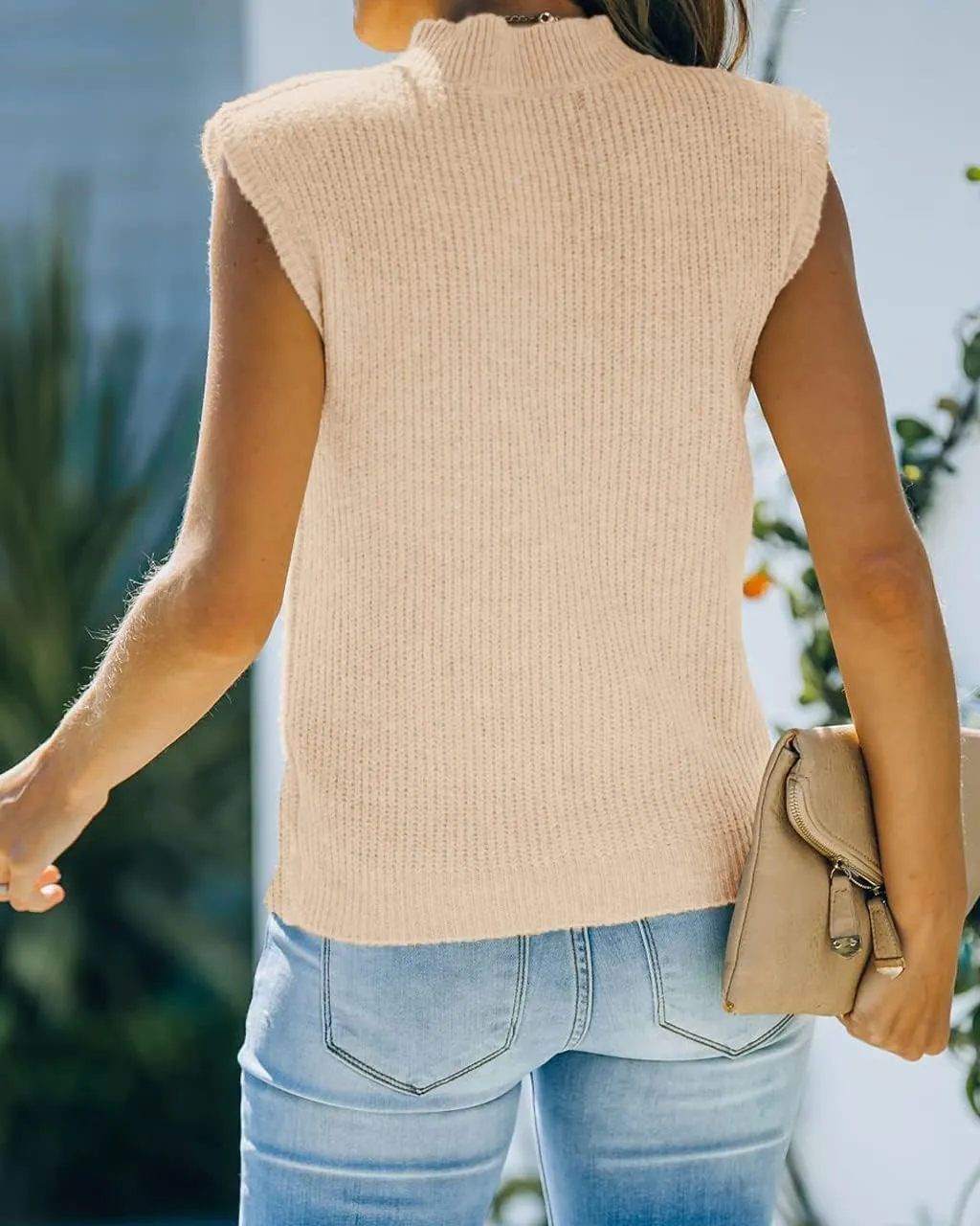 Women's Mock Neck Knit Sweater Vest Sleeveless Casual Trendy Summer Ribbed Pullover Tank Tops