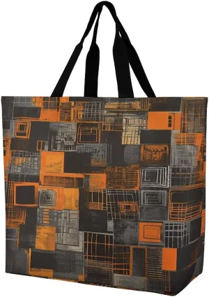 Women's Multi-Functional Shopping Bag，Orange Square Pattern Printing Messenger Bag Shoulder Bag for Travel, Work, Shopping & Parties with Inner Pocket, Grocery Bag Lightweight & Water-Resistant