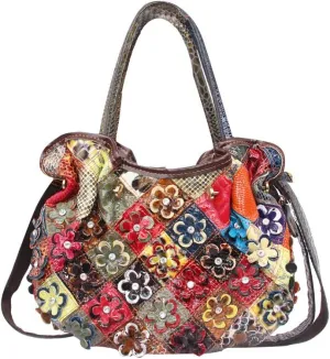 Women’s Multicolor Floral Shoulder Bag Genuine Leather Patchwork Colorful urses