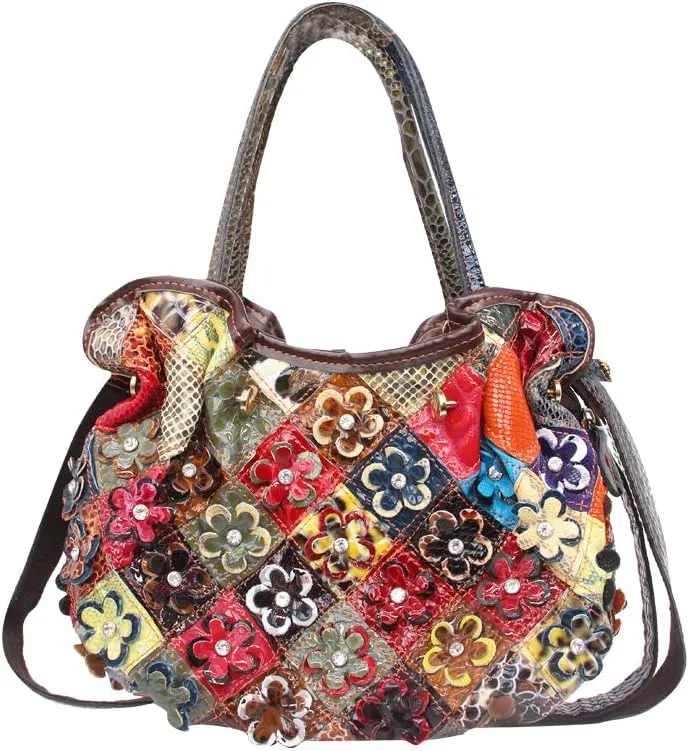 Women’s Multicolor Floral Shoulder Bag Genuine Leather Patchwork Colorful urses