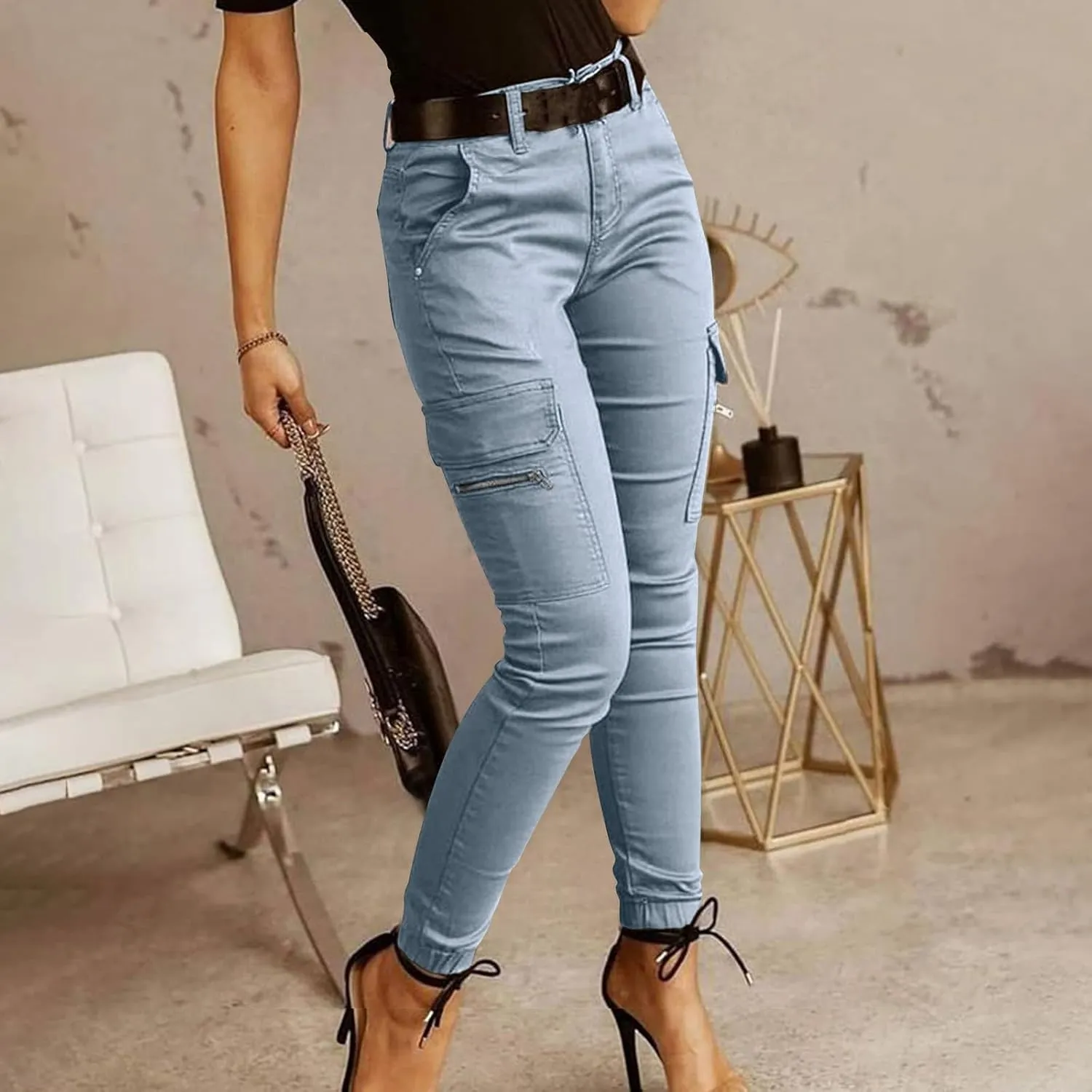 Womens Skinny Cargo Jeans with Pockets Mid Waist Flap Pocket Motorcycle Western Cowgirl Trousers Slim Fit Denim Pants
