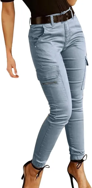Womens Skinny Cargo Jeans with Pockets Mid Waist Flap Pocket Motorcycle Western Cowgirl Trousers Slim Fit Denim Pants