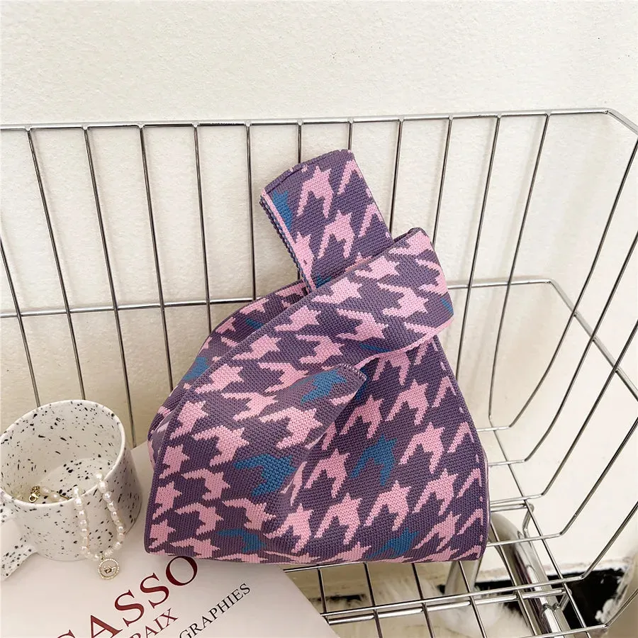 Women's Small Knit Houndstooth Stripe Butterfly Classic Style Square Open Handbag