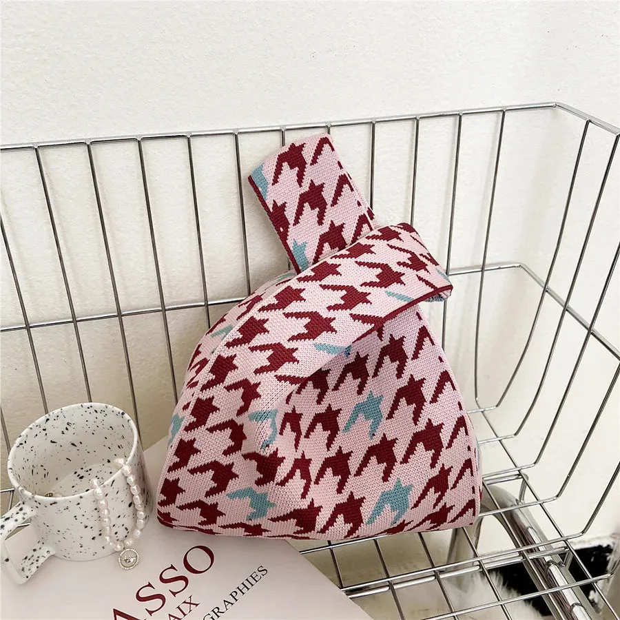 Women's Small Knit Houndstooth Stripe Butterfly Classic Style Square Open Handbag