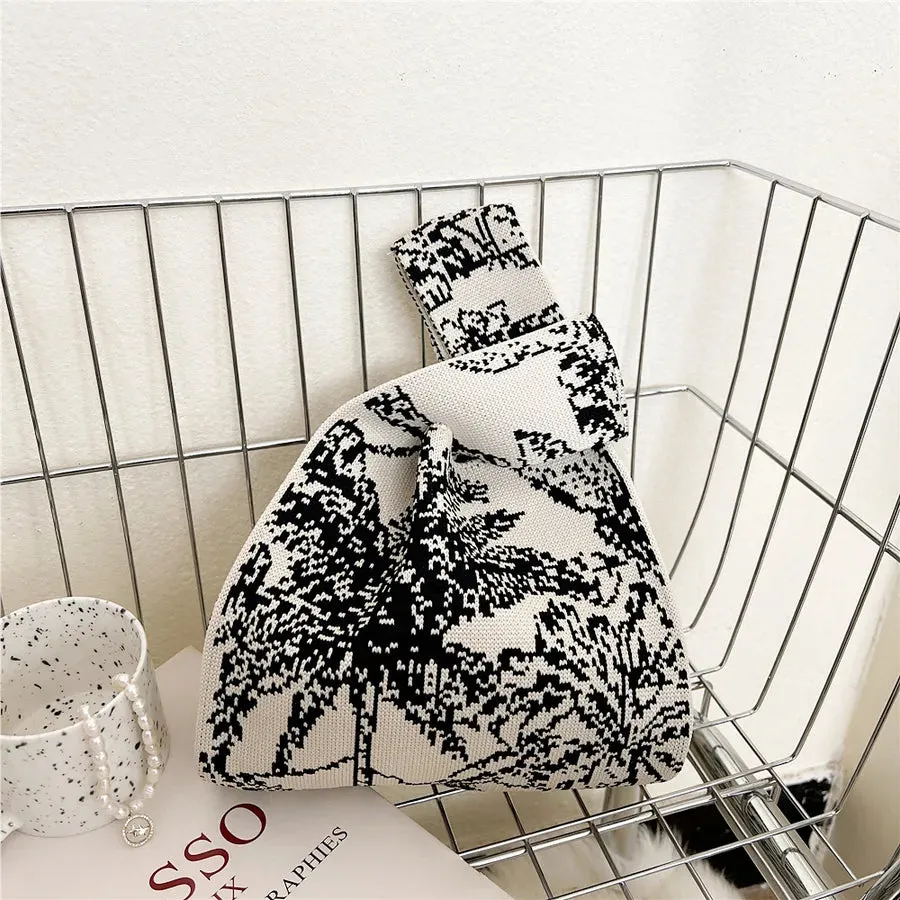 Women's Small Knit Houndstooth Stripe Butterfly Classic Style Square Open Handbag