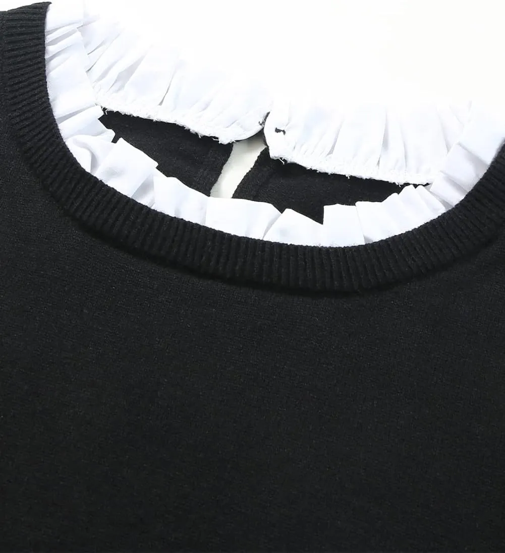 Women's Solid Ruffled Crew Neck Pullover Knitted Sweater