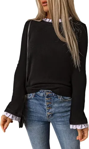 Women's Solid Ruffled Crew Neck Pullover Knitted Sweater