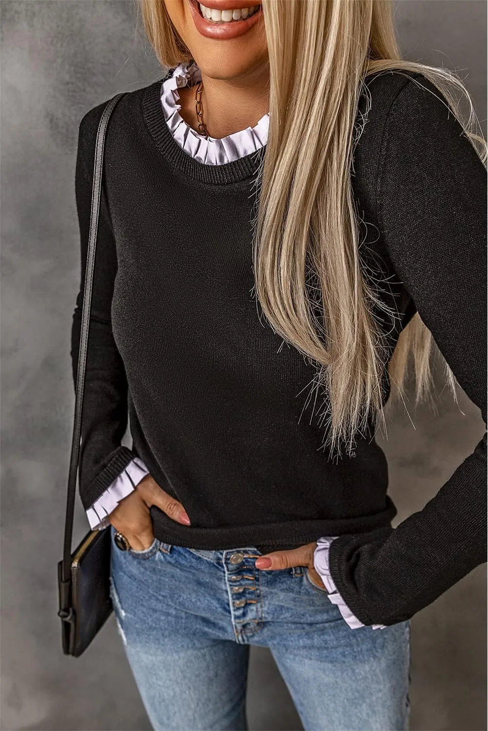 Women's Solid Ruffled Crew Neck Pullover Knitted Sweater