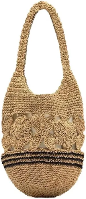 Womens Straw Beach Bag Woven Shoulder Bags Hand Crocheted Top Handle Handbag Purse for Women Summer Beach Bag Khaki