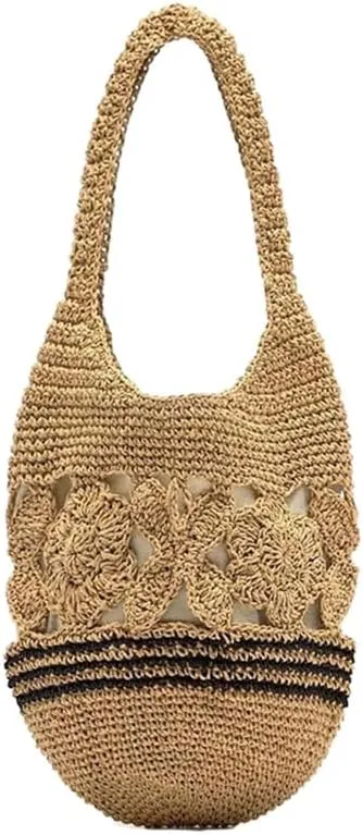 Womens Straw Beach Bag Woven Shoulder Bags Hand Crocheted Top Handle Handbag Purse for Women Summer Beach Bag Khaki