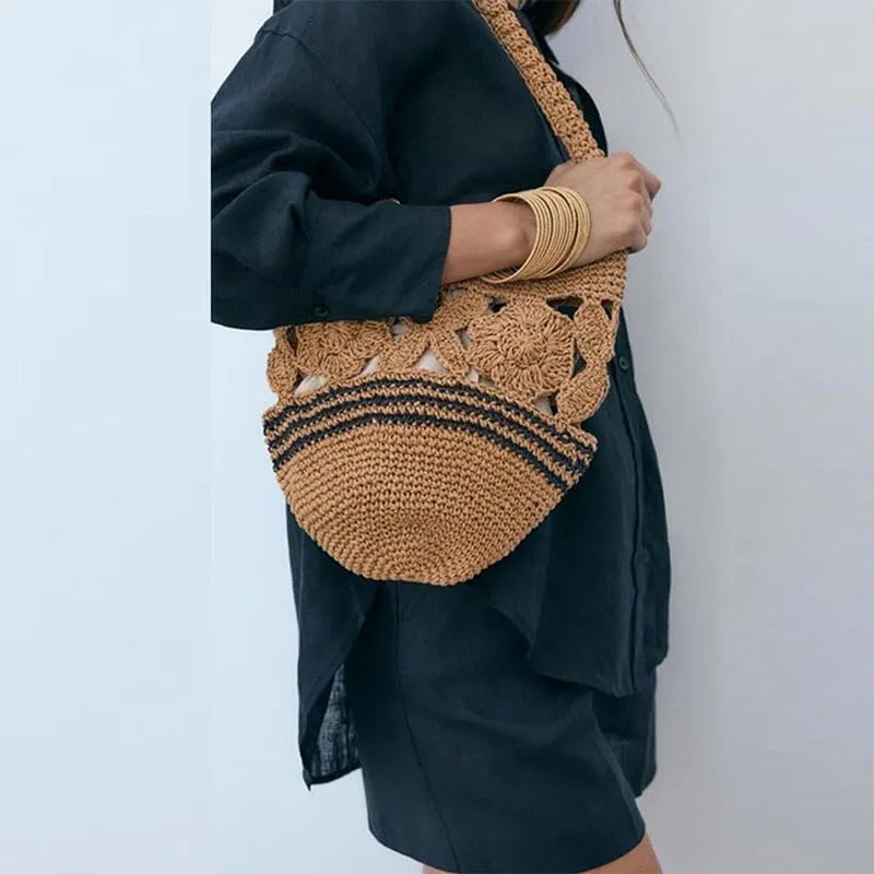 Womens Straw Beach Bag Woven Shoulder Bags Hand Crocheted Top Handle Handbag Purse for Women Summer Beach Bag Khaki