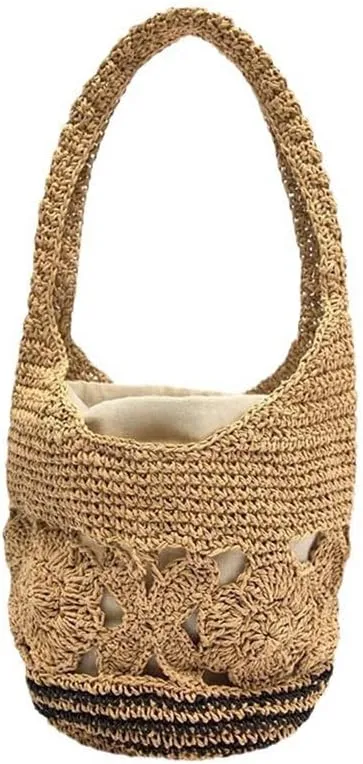 Womens Straw Beach Bag Woven Shoulder Bags Hand Crocheted Top Handle Handbag Purse for Women Summer Beach Bag Khaki
