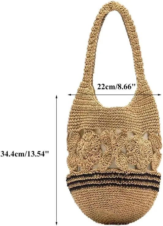 Womens Straw Beach Bag Woven Shoulder Bags Hand Crocheted Top Handle Handbag Purse for Women Summer Beach Bag Khaki
