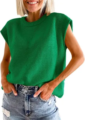 Womens Summer Sweater Vest Cap Sleeve Crew Neck Casual Loose Fit Knit Lightweight Pullover Tank Top for Spring Summer