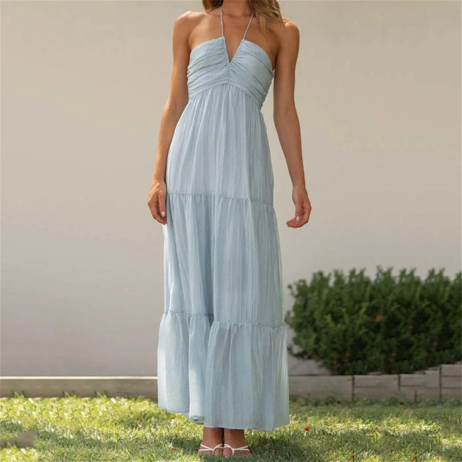Women's Suspender V Neck Long Patchwork Dress Temperament Off Shoulder Casual Dresses Cute Summer Cute Winter Dresses