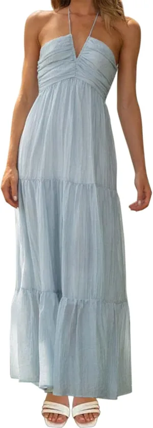 Women's Suspender V Neck Long Patchwork Dress Temperament Off Shoulder Casual Dresses Cute Summer Cute Winter Dresses