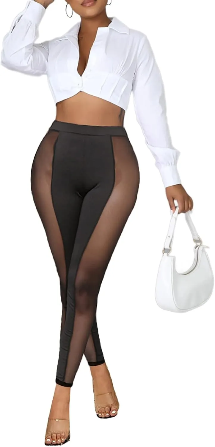Women's Tie Dye Mesh Legging - High Waist Sheer Pantihose Long Pants Stretchy Tights Clubwear Closed Toe