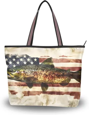 Womens Tote Bags American Trout Print Reusable Grocery Handbag Bags with Zipper Large Size