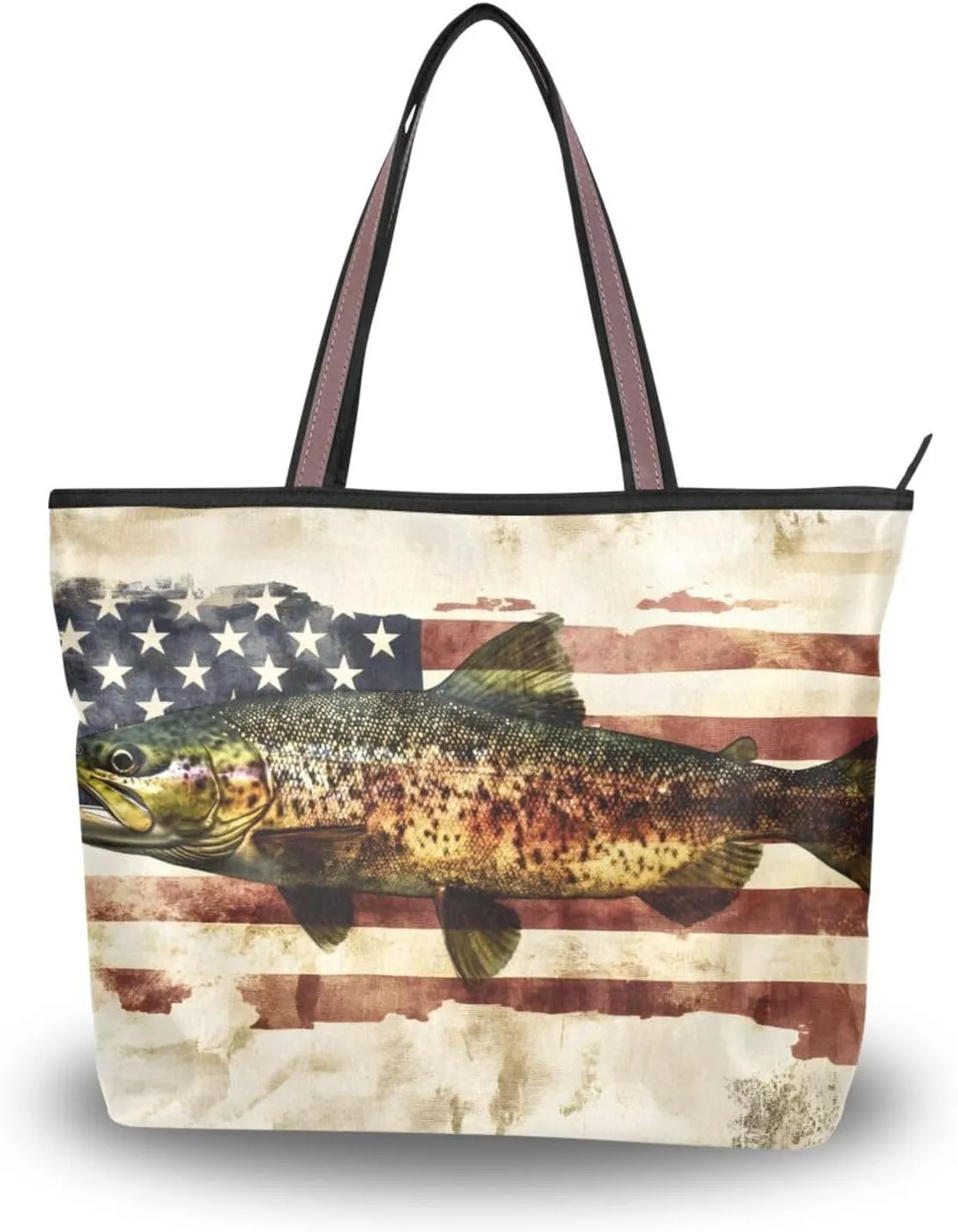 Womens Tote Bags American Trout Print Reusable Grocery Handbag Bags with Zipper Large Size