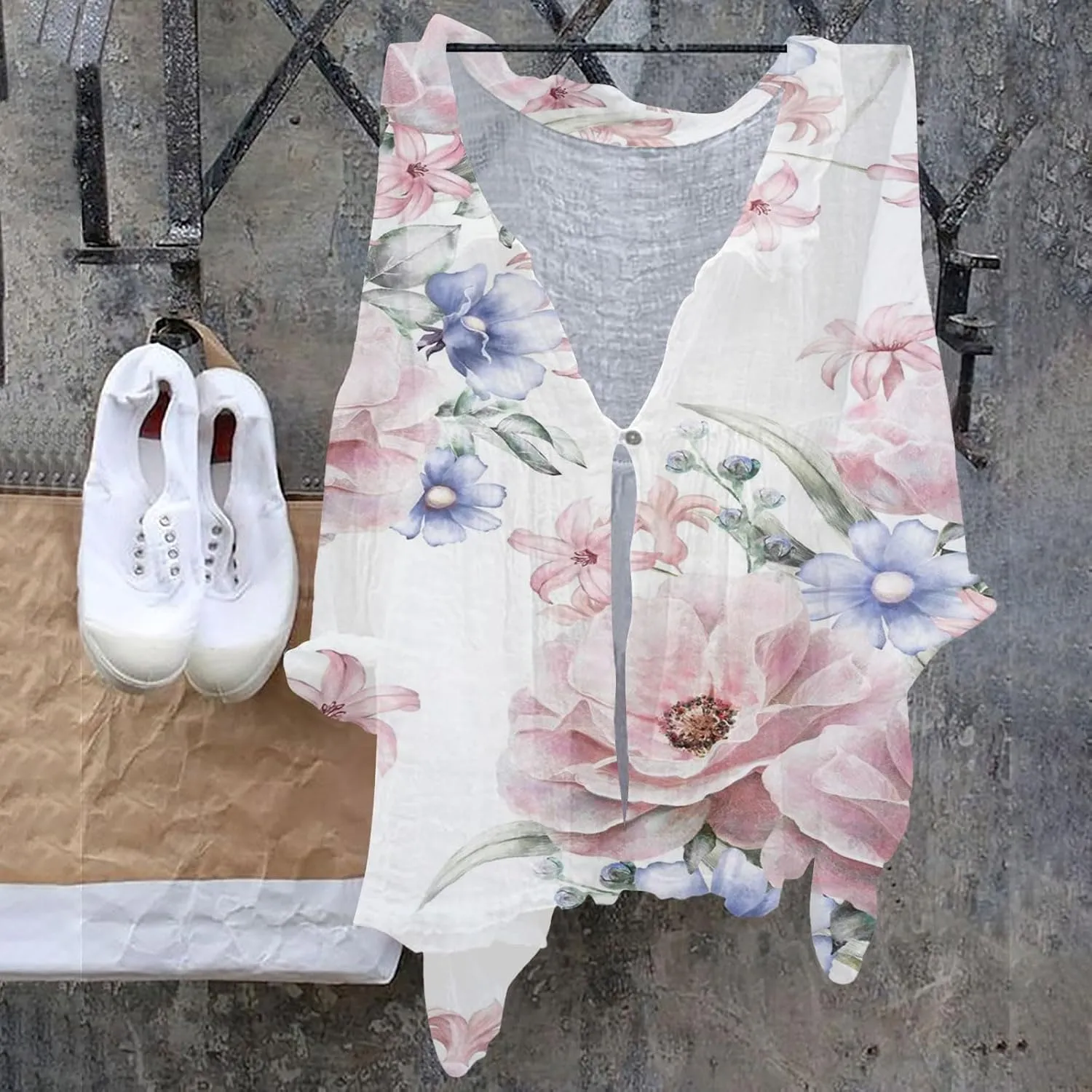 Womens V Neck Blouses Tops Women's Floral Butterfly Print Natural Autumn Casual Long Sleeve Loose Fit Collared White
