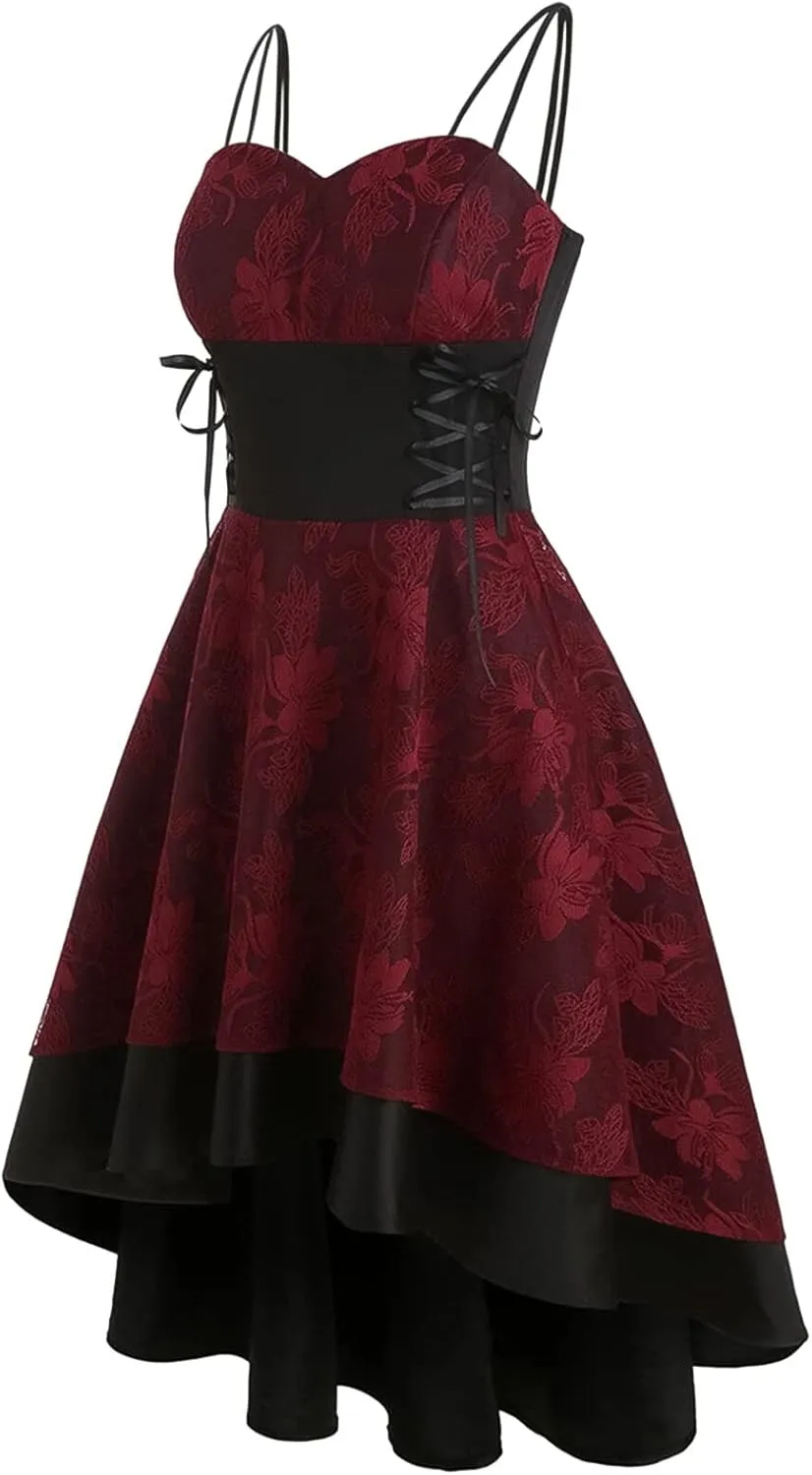 Women’s Vintage Steampunk Dress Spaghetti Strap Bandage Dresses Floral Lace High Low Dress Lolita Halloween Costumes