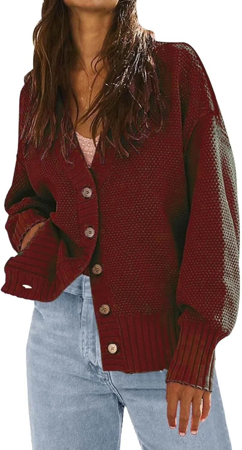 Women's Waffle Knit Cardigan Long Sleeve V-Neck Button Down Sweater Loose Fit Lightweight Work Home Comfort Cozy Loungewear