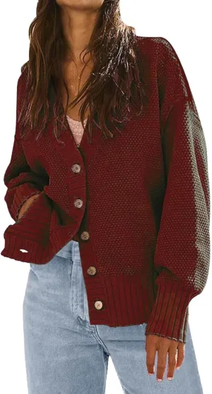 Women's Waffle Knit Cardigan Long Sleeve V-Neck Button Down Sweater Loose Fit Lightweight Work Home Comfort Cozy Loungewear