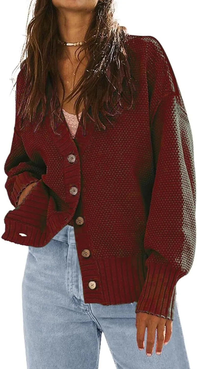 Women's Waffle Knit Cardigan Long Sleeve V-Neck Button Down Sweater Loose Fit Lightweight Work Home Comfort Cozy Loungewear