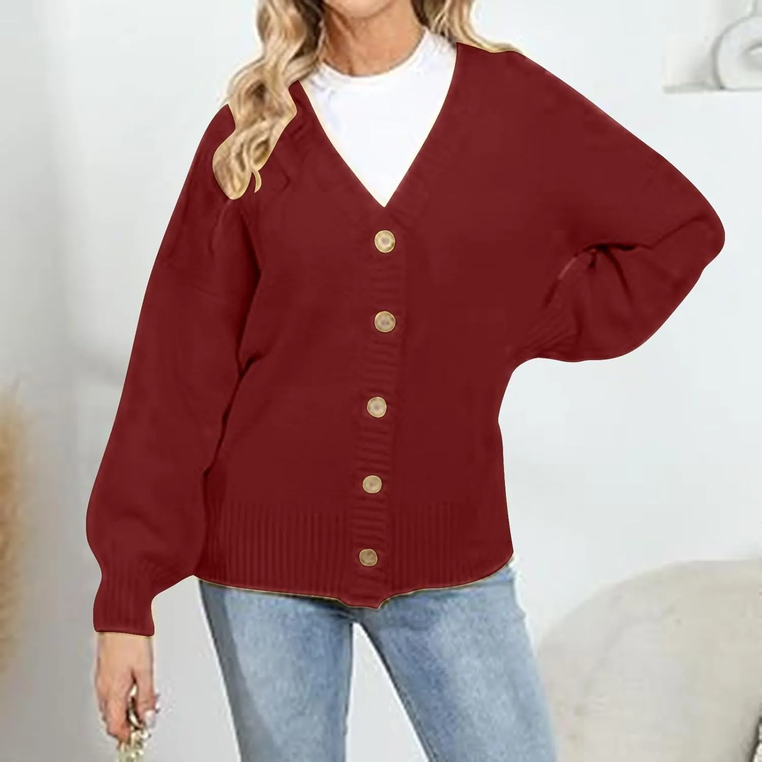 Women's Waffle Knit Cardigan Long Sleeve V-Neck Button Down Sweater Loose Fit Lightweight Work Home Comfort Cozy Loungewear